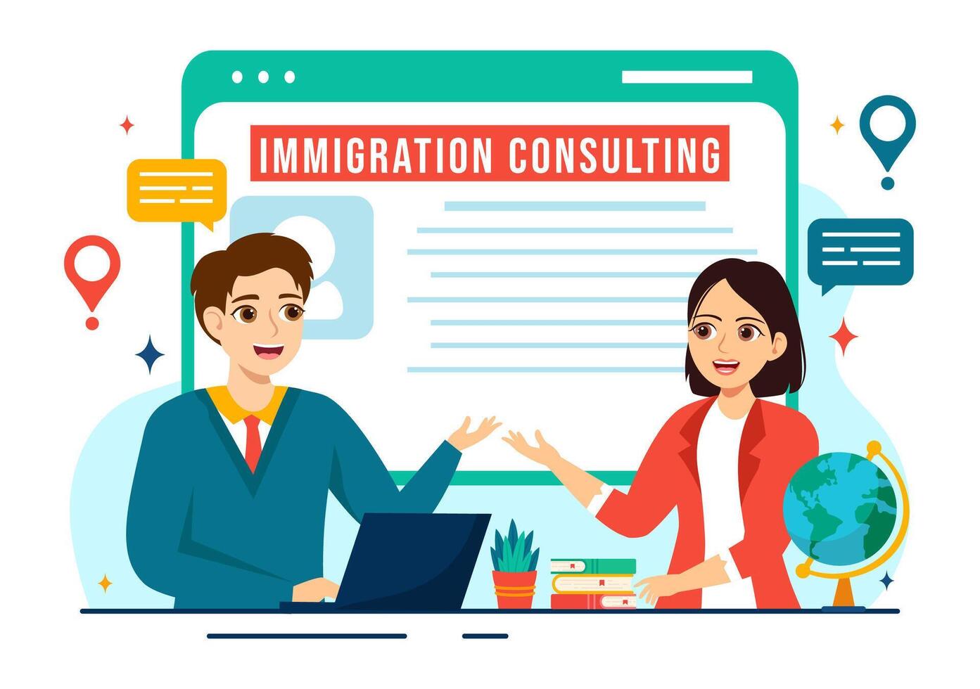 immigration consultant vecteur illustration avec conseils assistance pour fournir Conseil à gens qui volonté faire le bouge toi dans plat Contexte
