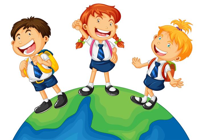 Trois enfants en uniforme d&#39;école debout sur la terre vecteur