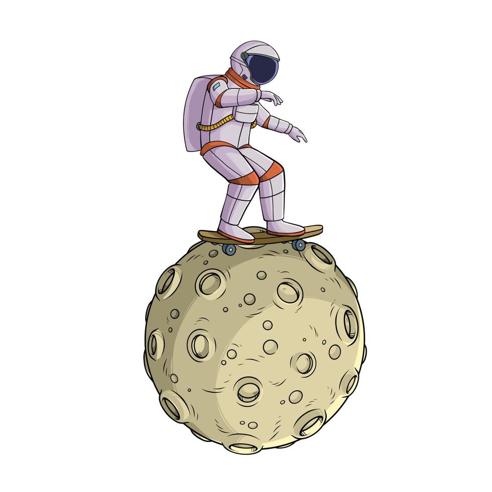 astronaute jouant à la planche à roulettes sur la lune vecteur