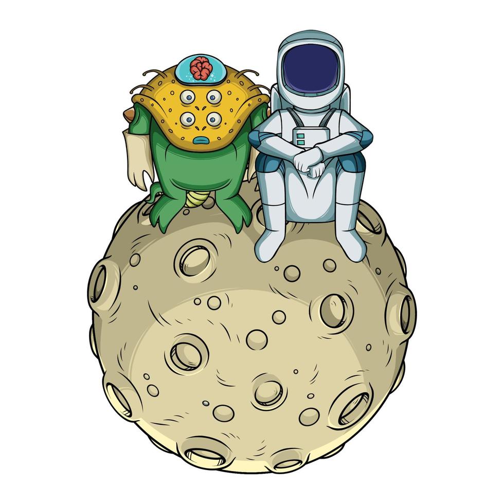 astronaute assis avec un extraterrestre sur la lune vecteur