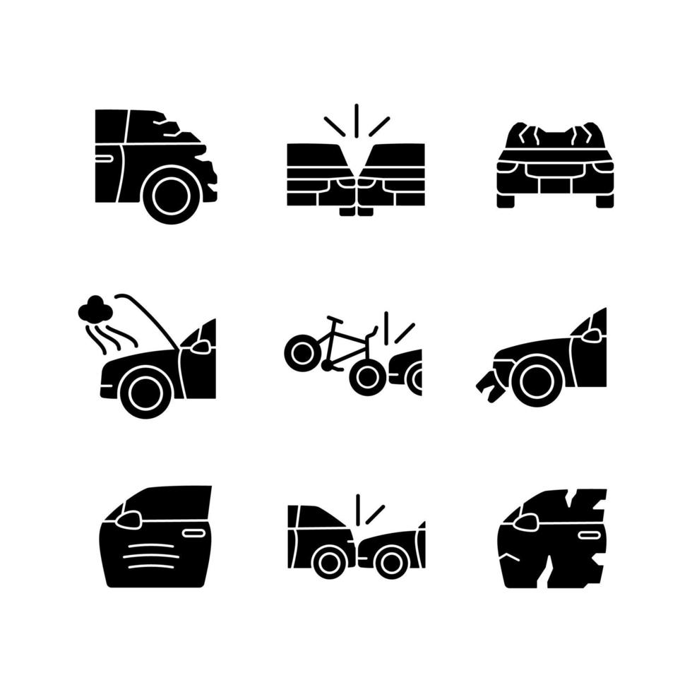 accidents de la route, icônes de glyphe noir sur un espace blanc. pièces de carrosserie endommagées. accident de bord. collision voiture-vélo. dommages au véhicule. symboles de silhouette. illustration vectorielle isolée vecteur