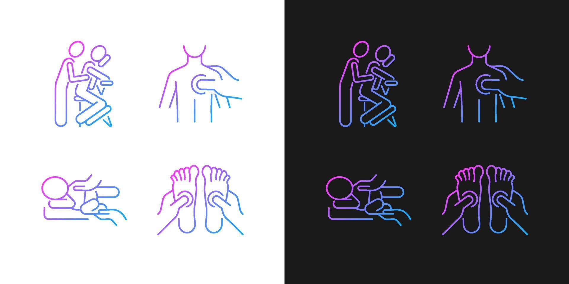 icônes de dégradé de techniques de massothérapie définies pour le mode sombre et clair. en appuyant sur les points de déclenchement. paquet de symboles de contour de ligne mince. collection d'illustrations vectorielles isolées en noir et blanc vecteur