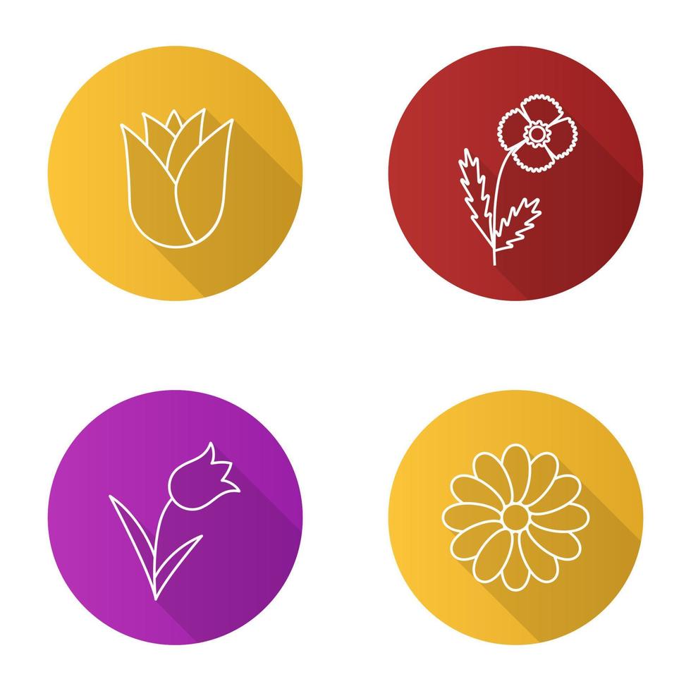 fleurs plat linéaire grandissime icônes définies. bouton de rose, coquelicot, tulipe, camomille. illustration de contour de vecteur