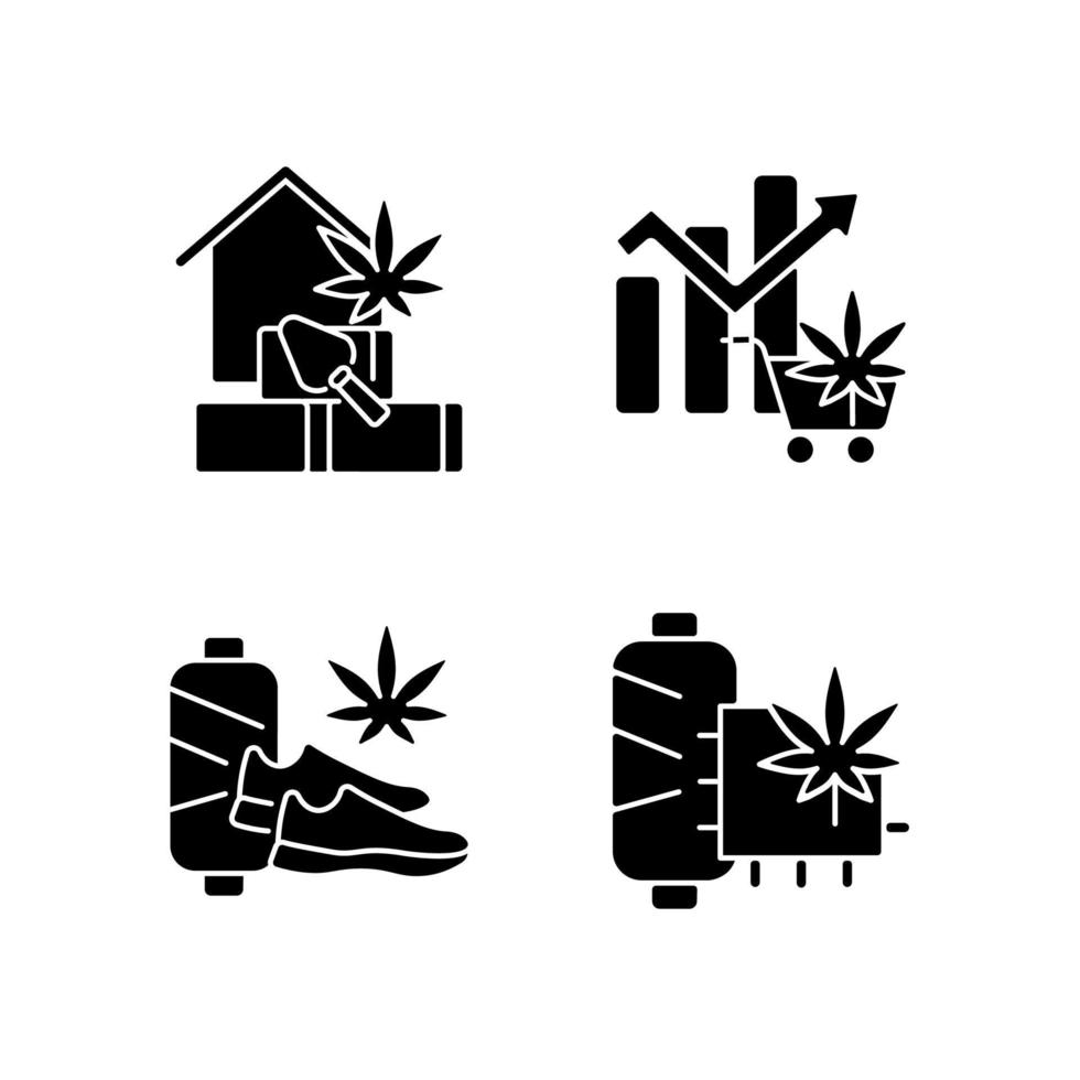 produits de cannabis icônes de glyphe noir sur un espace blanc. matériau de construction en béton de chanvre. marché mondial légal de la marijuana. chaussures durables. fibre de chanvre. symboles de silhouette. illustration vectorielle isolée vecteur