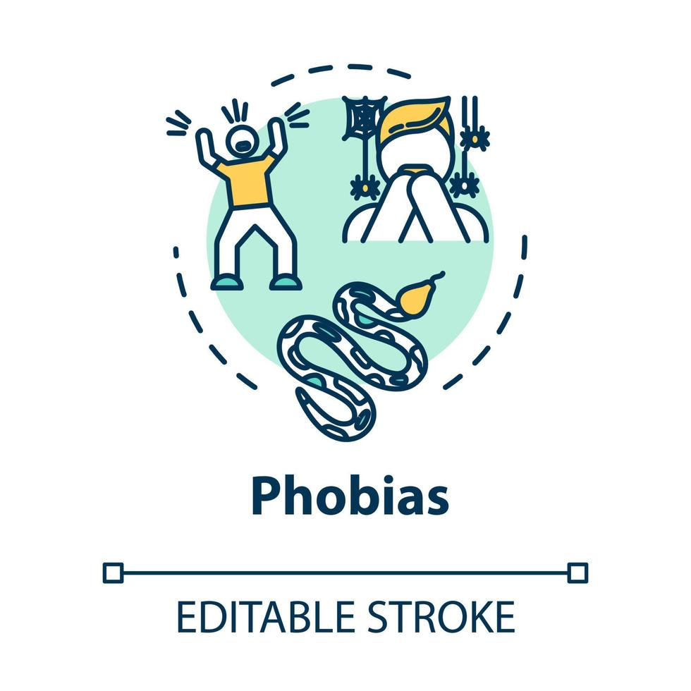 icône de concept de phobies. réaction de peur irrationnelle. arachnophobie, herpétophobie. désordre mental. illustration de fine ligne d'idée de psychiatrie. dessin de couleur rvb contour isolé vectoriel. trait modifiable vecteur