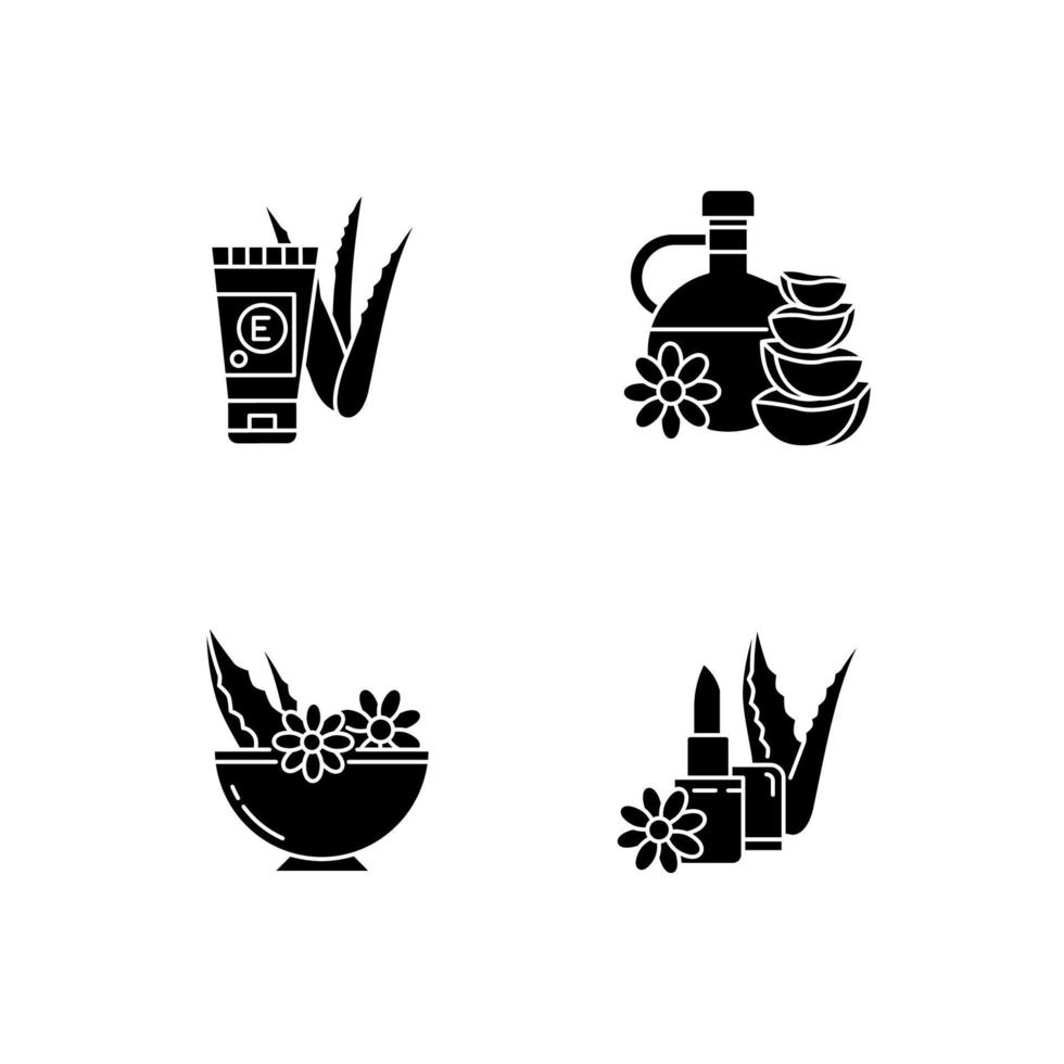 icônes de glyphe noir d'aloe vera sur un espace blanc. spray hydratant. lotion anti-âge aux herbes médicinales. lotion à base de plantes. baume à lèvres bio. symboles de silhouette. illustration vectorielle isolée vecteur