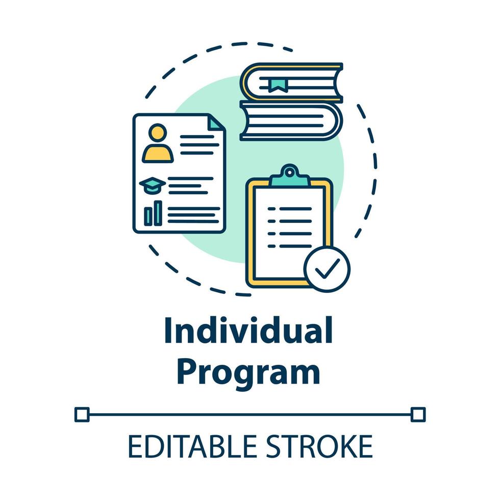 icône de concept de programme individuel. études universitaires. documents et livres. projet scolaire. illustration de fine ligne d'idée d'éducation inclusive. dessin de couleur rvb contour isolé vectoriel. trait modifiable vecteur