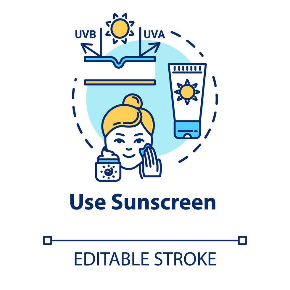 utiliser un écran solaire, icône de concept de protection solaire. soins de la peau du visage, produits cosmétiques solaires, illustration de fine ligne idée cosmétologie. dessin de couleur rvb contour isolé vectoriel. trait modifiable vecteur