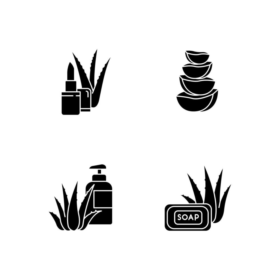 icônes de glyphe noir d'aloe vera sur un espace blanc. produits de bain avec des ingrédients biologiques. baume à lèvres naturel. tranches de cactus. cosmétique pour les soins de la peau. symboles de silhouette. illustration vectorielle isolée vecteur