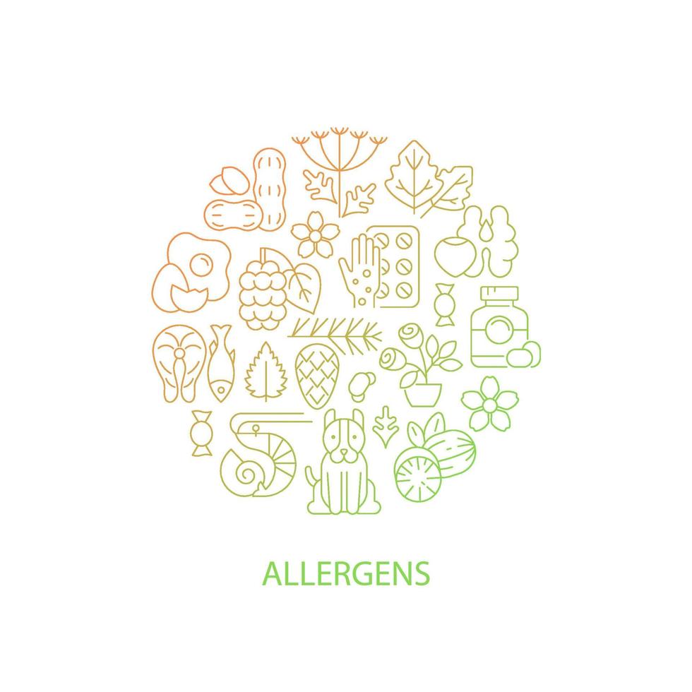 Disposition de concept linéaire abstrait d'allergènes communs avec le titre. raison de réaction allergique idée minimaliste. dessins graphiques en ligne mince. icônes de contour de vecteur isolé pour le fond