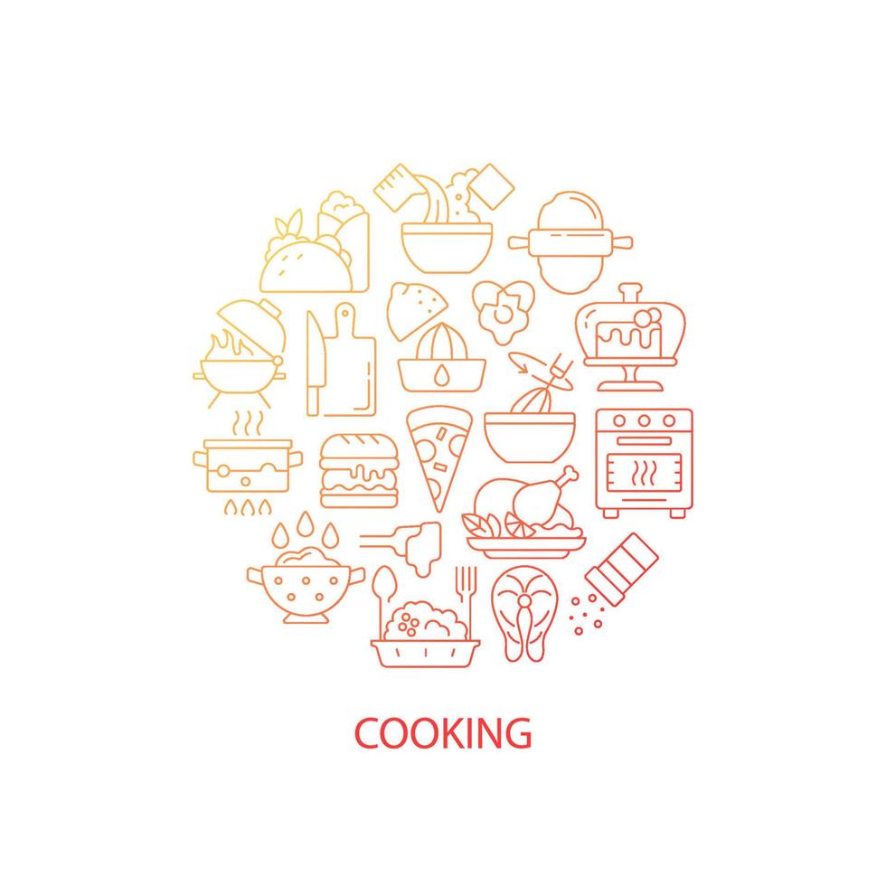 nourriture, cuisine, résumé, gradient, linéaire, concept, disposition, à, titre. recette pour préparer le déjeuner. idée culinaire minimaliste. dessins graphiques en ligne mince. icônes de contour de vecteur isolé pour le fond