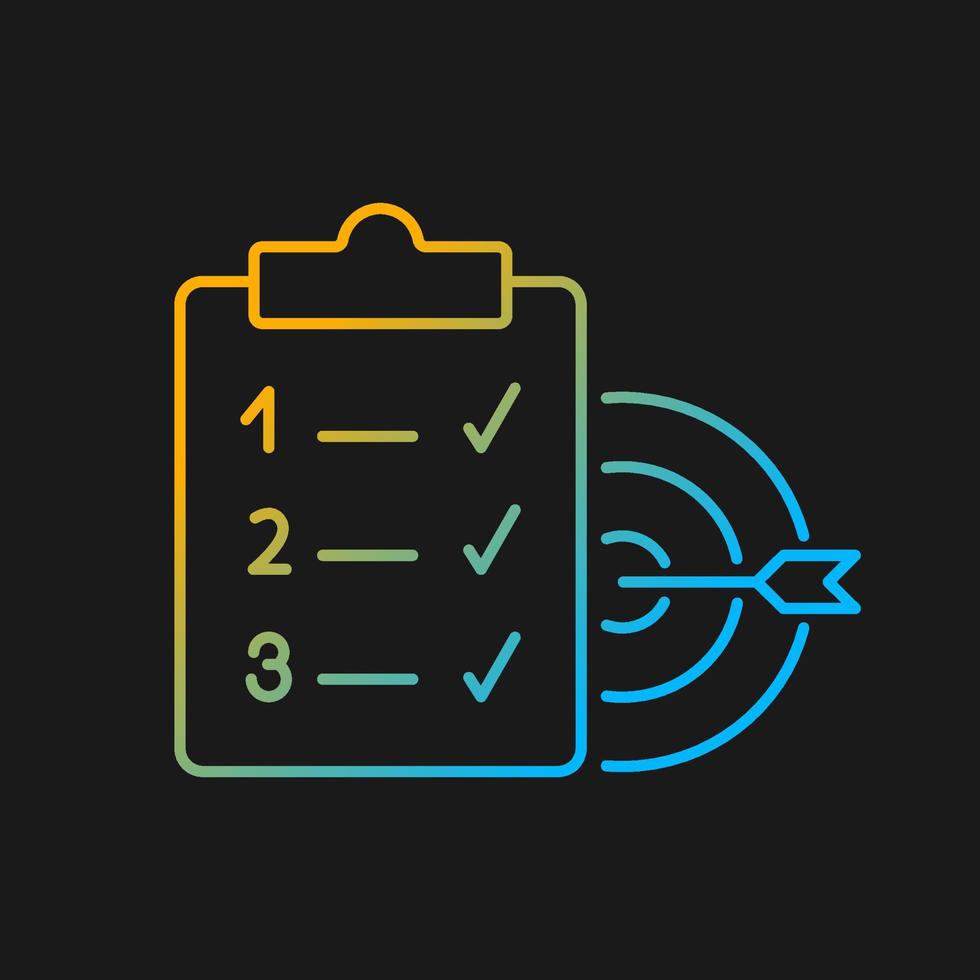 icône de vecteur de dégradé d'objectifs clairs pour le thème sombre. fixer un objectif réaliste. atteindre l'objectif étape par étape dans les délais. symbole de couleur de ligne mince. pictogramme de style moderne. dessin de contour isolé de vecteur