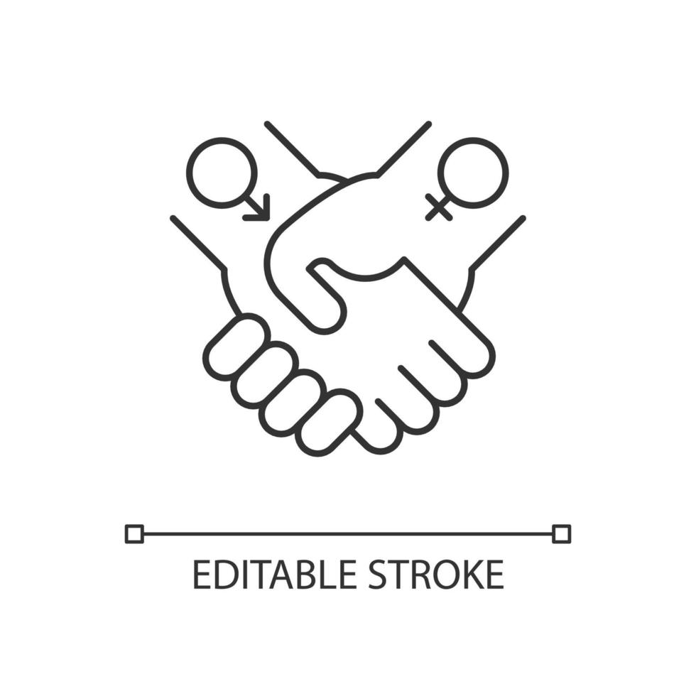 icône linéaire de relations équitables. partenariat entre les femmes et les hommes. parvenir à l'égalité des sexes. illustration personnalisable de fine ligne. symbole de contour. dessin de contour isolé de vecteur. trait modifiable vecteur