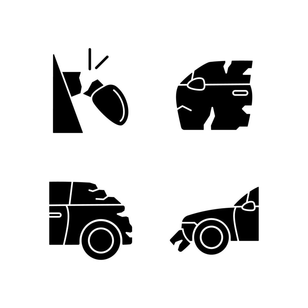 Les icônes de glyphe noir de dommages à la carrosserie sont définies sur un espace blanc. rétroviseur cassé. rayures à l'extérieur du véhicule. collision arrière. assurance voiture. symboles de silhouette. illustration vectorielle isolée vecteur