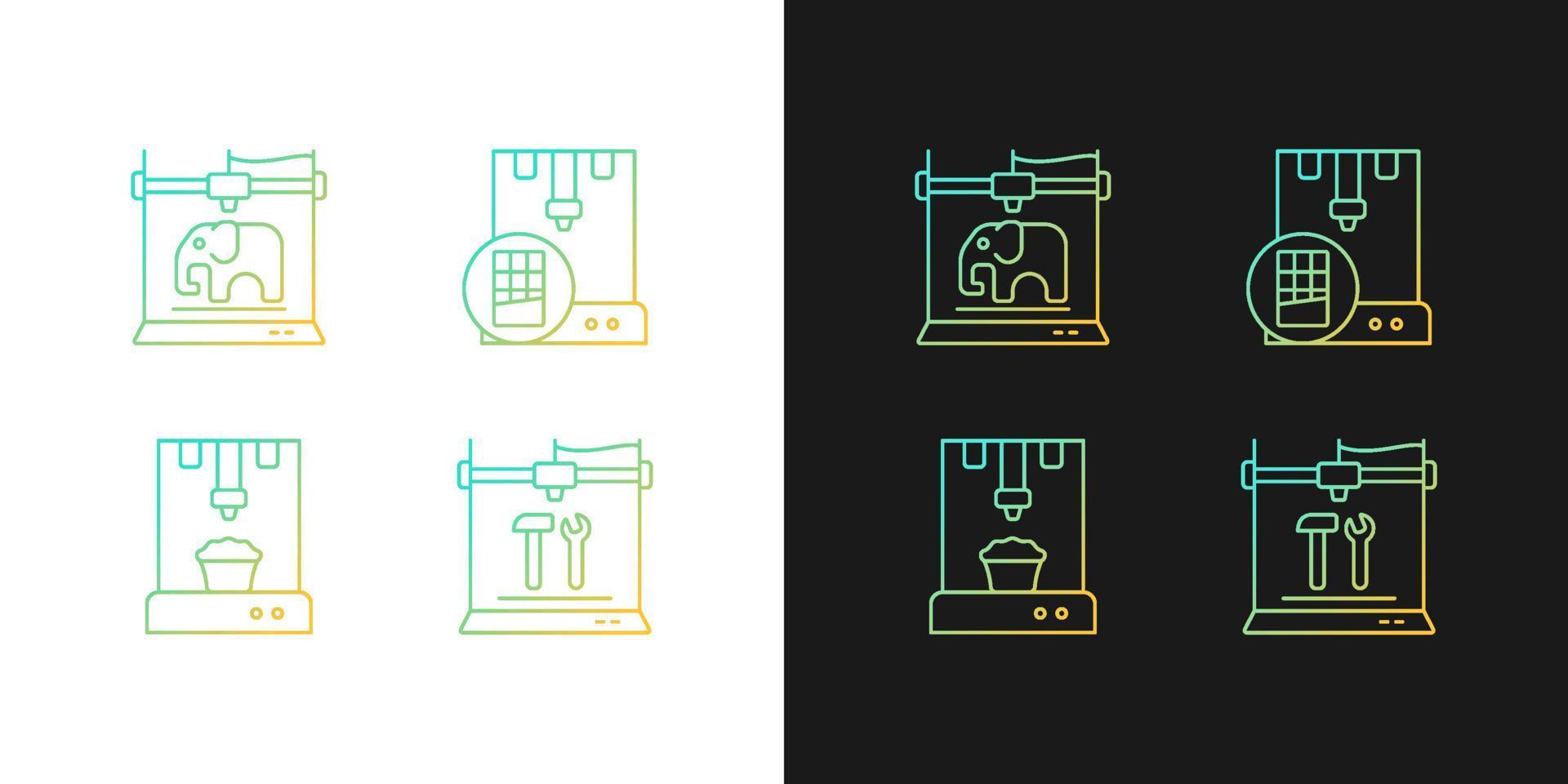 Icônes de dégradé d'objets physiques imprimées en 3D définies pour les modes sombre et clair. fabrication de produits alimentaires. paquet de symboles de contour de ligne mince. collection d'illustrations vectorielles isolées en noir et blanc vecteur