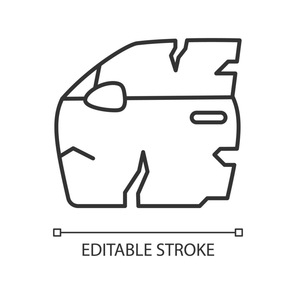 icône linéaire de porte de voiture cassée. accident de la circulation. bosses du panneau de porte. côté carrosserie endommagé. illustration personnalisable de fine ligne. symbole de contour. dessin de contour isolé de vecteur. trait modifiable vecteur