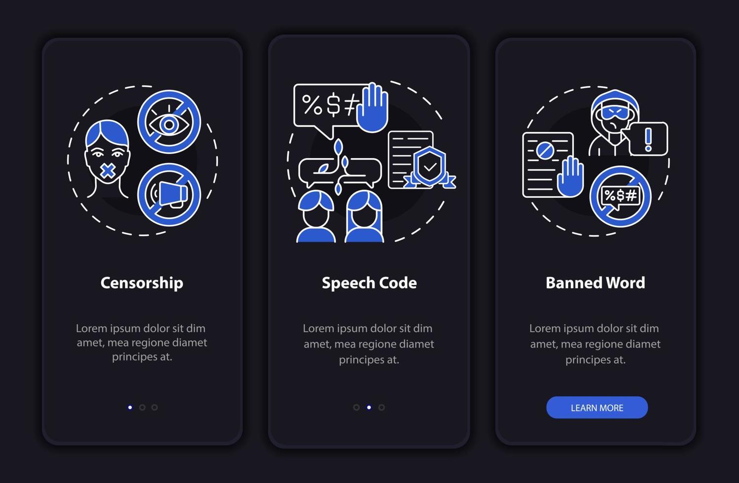 restrictions sur l'écran de la page de l'application mobile d'intégration de la communication. Procédure pas à pas du code vocal Instructions graphiques en 3 étapes avec des concepts. modèle vectoriel ui, ux, gui avec illustrations linéaires en mode nuit