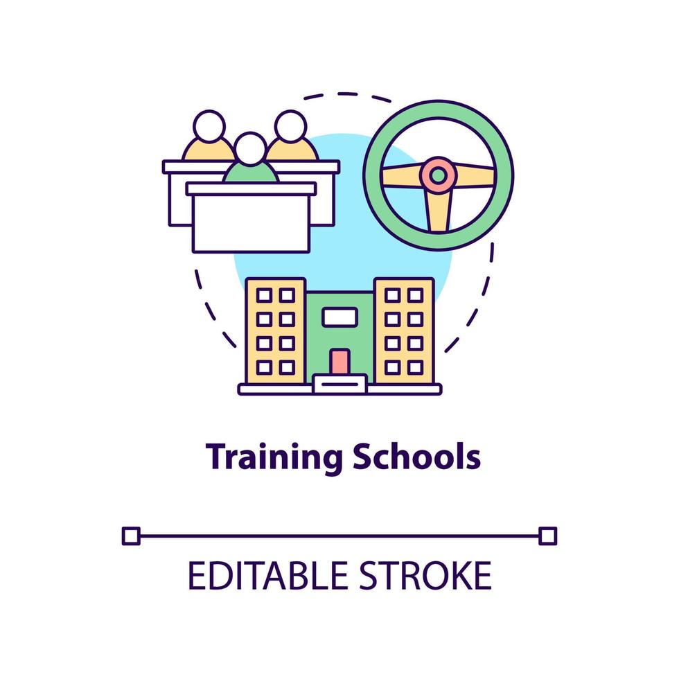 icône de concept d'écoles de formation. cours de conduite pour les adolescents illustration de fine ligne idée abstraite. étudiants adolescents. connaissance du code de la route. dessin de couleur de contour isolé de vecteur. trait modifiable vecteur