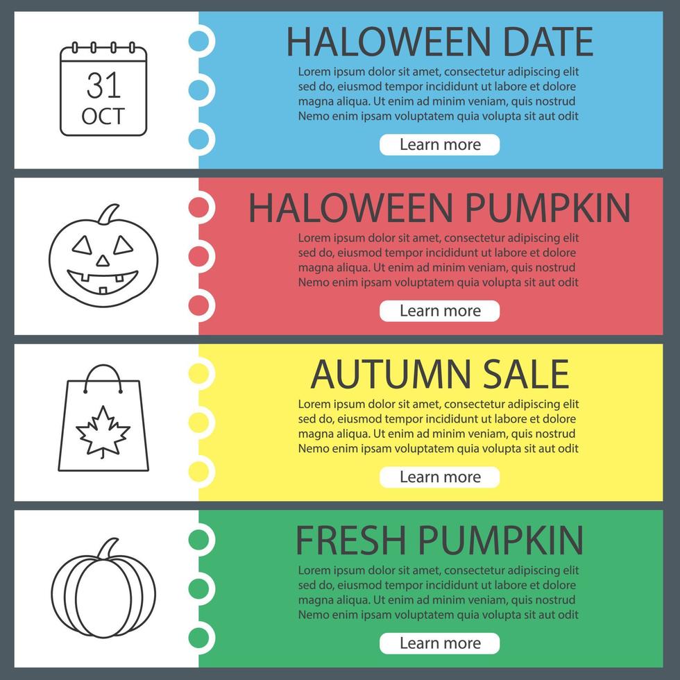 ensemble de modèles de bannière web halloween. calendrier du 31 octobre, citrouilles, sac à provisions avec feuille d'érable. éléments de menu de couleur de site Web avec des icônes linéaires. concepts de conception d'en-têtes de vecteur