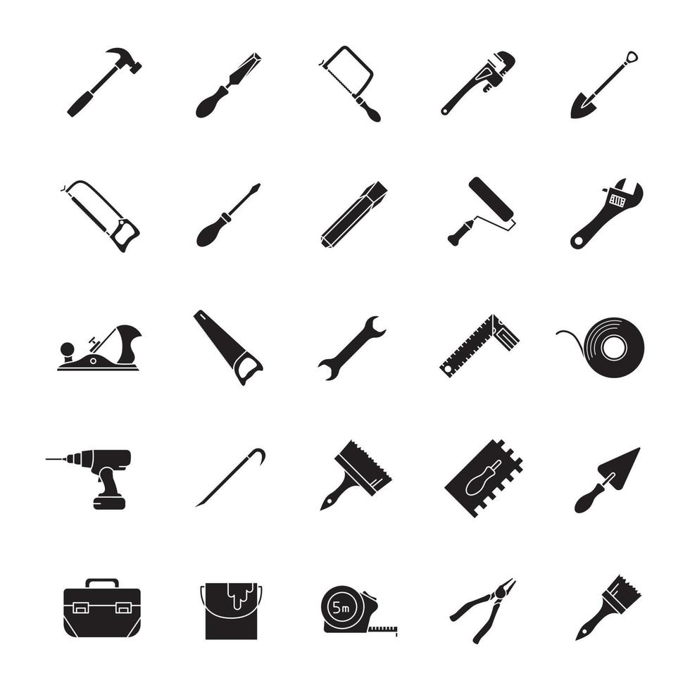 Ensemble d'icônes de glyphe d'outils de construction. instruments de rénovation et de réparation. symboles de silhouette. rabot, pelle, bêche, perceuse sans fil, ruban à mesurer, ciseau, tenailles. illustration vectorielle isolée vecteur