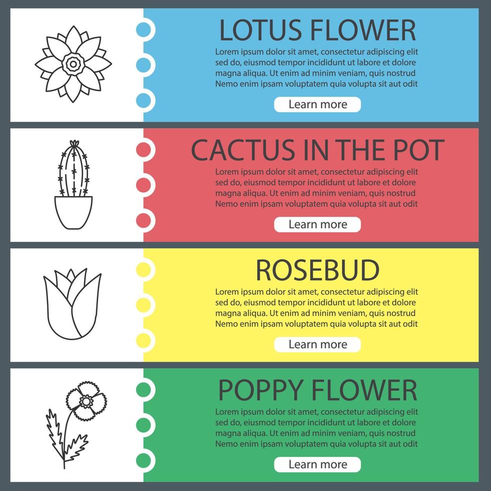 ensemble de modèles de bannière web de fleurs. lotus, cactus, bouton de rose, coquelicot. éléments de menu de couleur de site Web avec des icônes linéaires. concepts de conception d'en-têtes de vecteur
