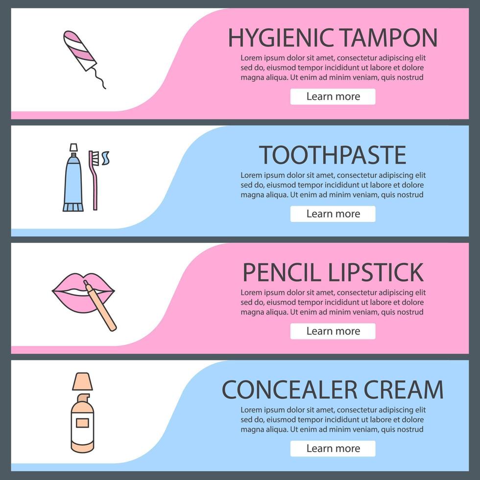 ensemble de modèles de bannière web accessoires cosmétiques. tampon hygiénique, dentifrice, crayon rouge à lèvres, crème anti-cernes. éléments du menu de couleur du site Web. concepts de conception d'en-têtes de vecteur