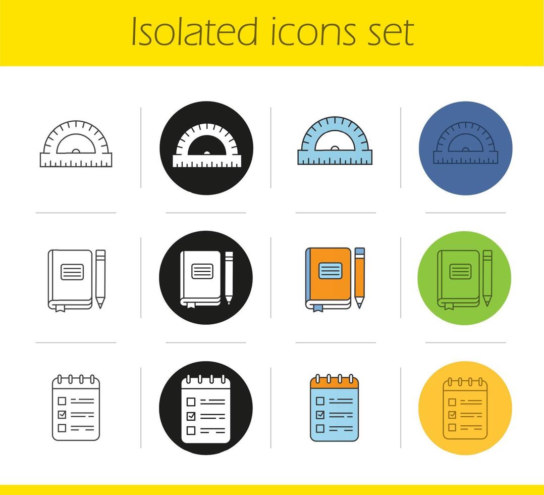 ensemble d'icônes d'école et d'éducation. styles linéaire, noir et couleur. règle d'école, journal avec crayon, liste de choses à faire. illustrations vectorielles isolées vecteur