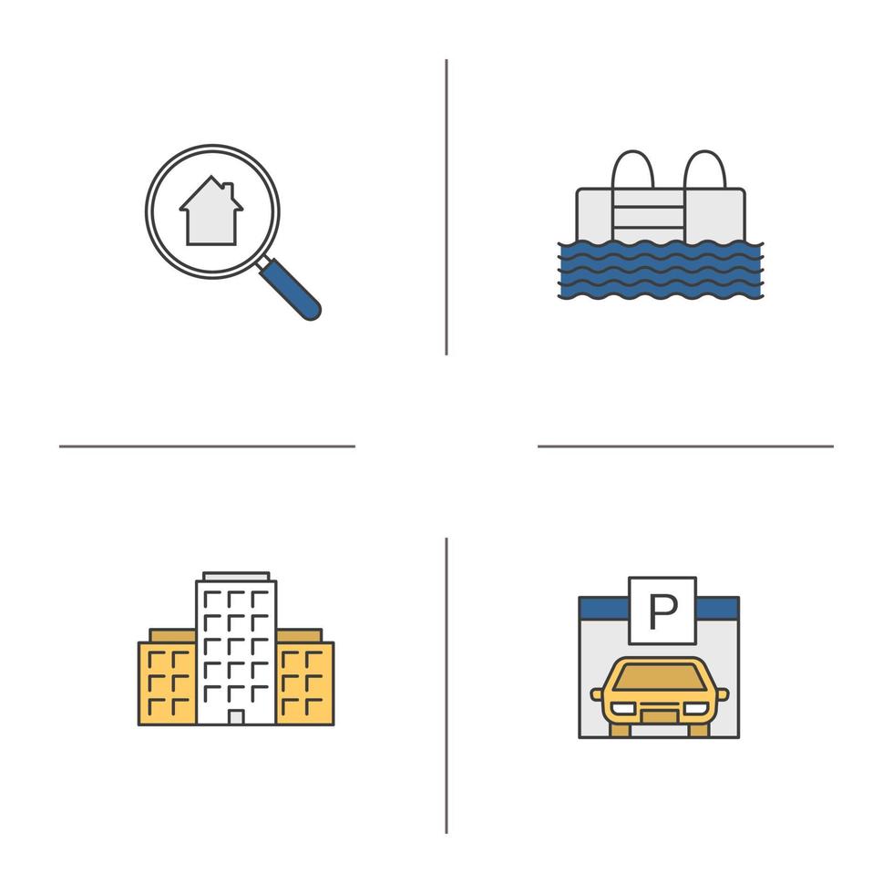 jeu d'icônes de couleur de l'immobilier. immeuble de plusieurs étages, piscine, place de parking, recherche immobilière. illustrations vectorielles isolées vecteur