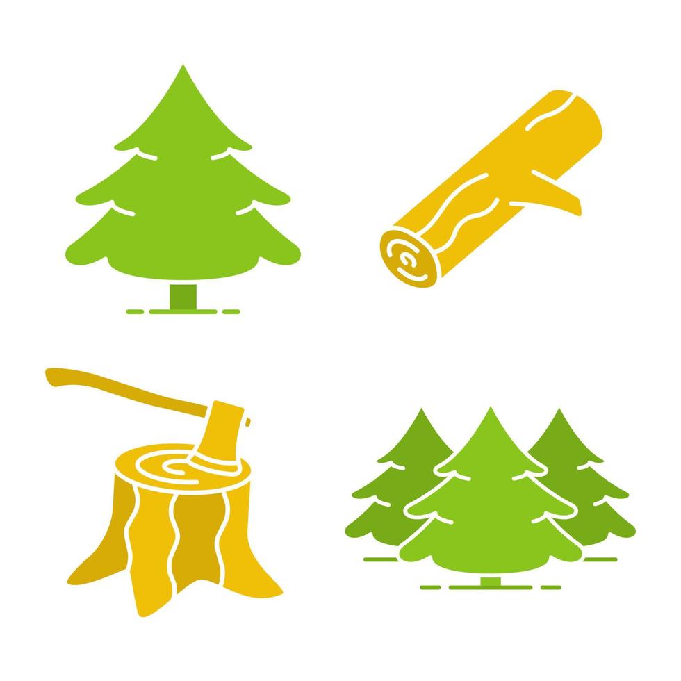 jeu d'icônes de couleur de glyphe forestier. forêt de sapins, bois de chauffage, souche avec hache. symboles de silhouette sur fond noir. vecteur