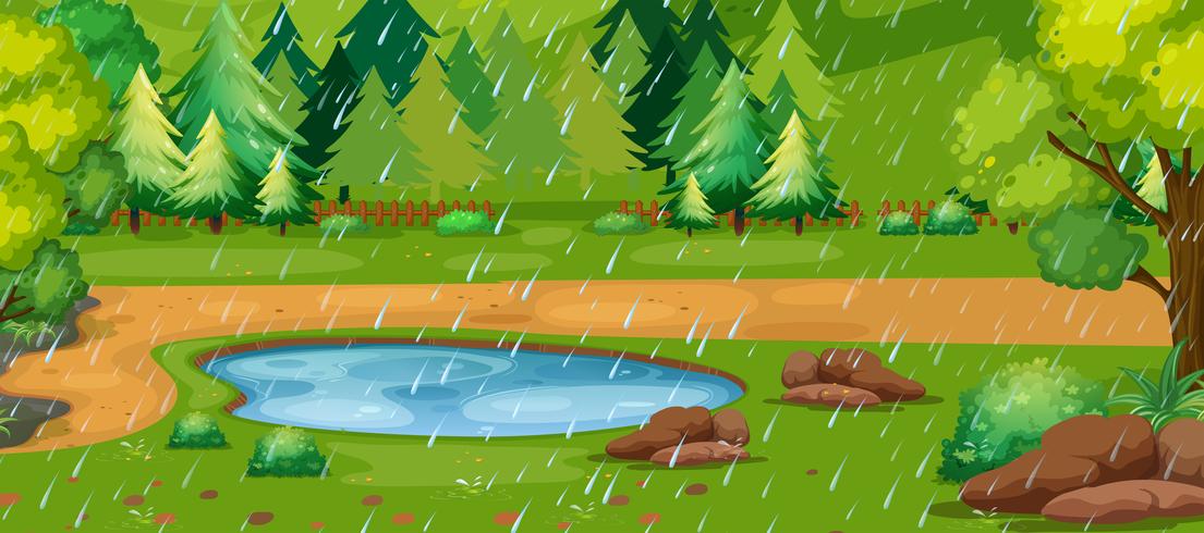 Scène de jour de pluie avec étang dans le parc vecteur