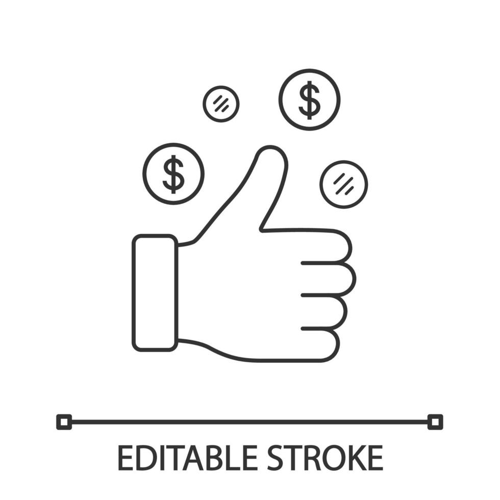 icône linéaire de réussite financière. pouce levé avec des dollars. illustration de la ligne mince. Bonne chance. Contrat d'affaire. symbole de contour. dessin de contour isolé de vecteur. trait modifiable vecteur