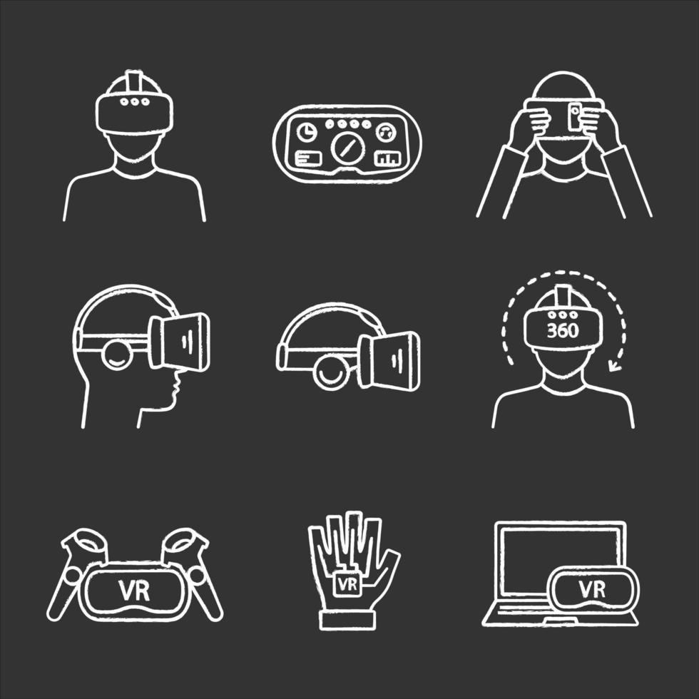 Ensemble d'icônes de craie de réalité virtuelle. joueurs de jeux vr, casques, contrôleurs, hud, gant, ordinateur, vidéo. appareils de réalité virtuelle. illustrations de tableau de vecteur isolé