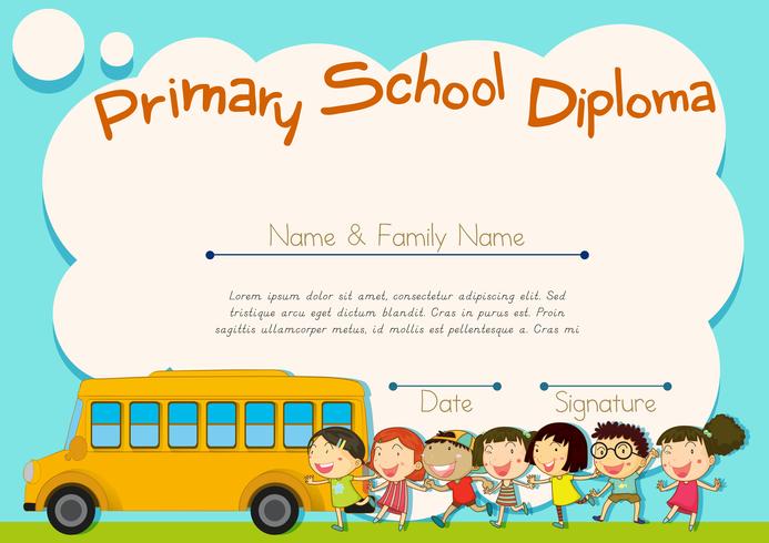Diplôme d&#39;études primaires avec autobus scolaire et enfants vecteur