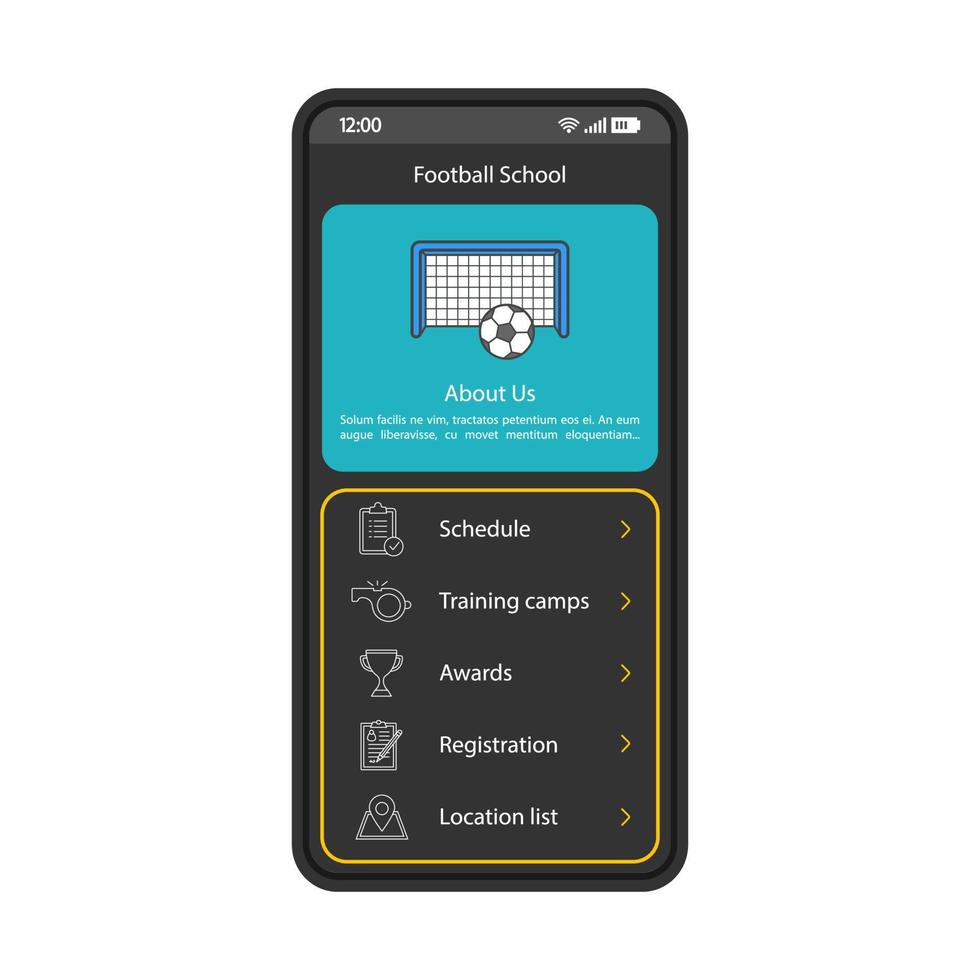 modèle vectoriel d'interface de smartphone d'école de football. disposition de conception noire de la page de l'application mobile. application sportive interface utilisateur plate. écran du site Web du club de football. horaire, camps d'entraînement, emplacement sur l'écran du téléphone