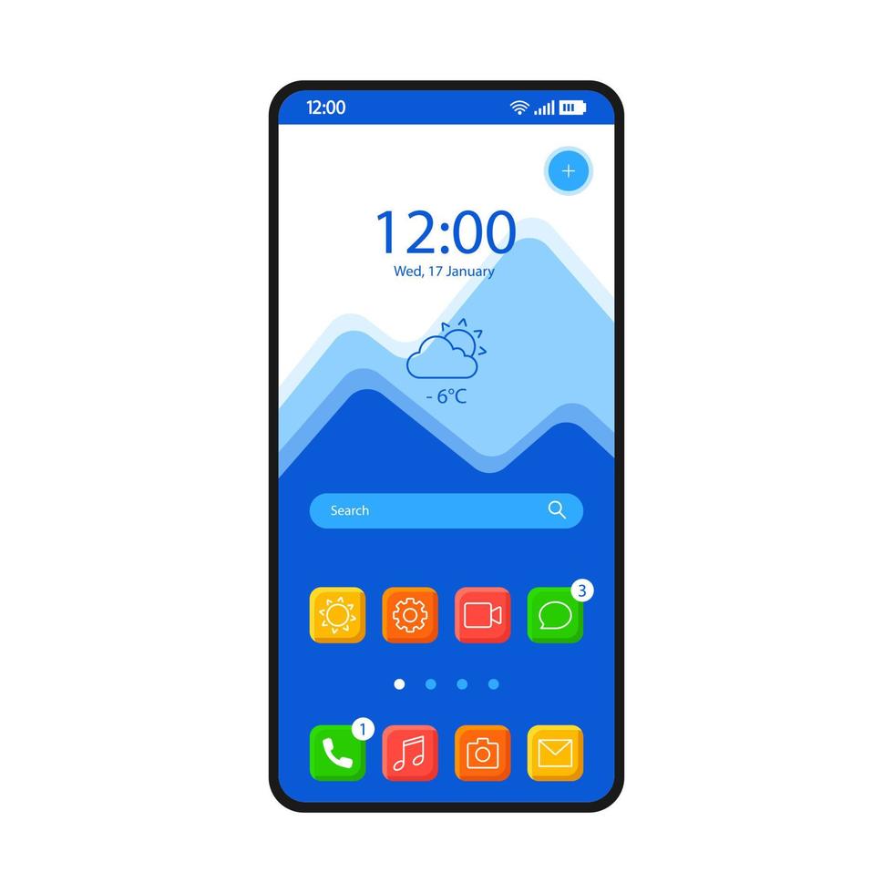modèle vectoriel d'interface de smartphone d'écran d'accueil. disposition de conception bleue de la page du système d'exploitation mobile. barre de recherche, prévisions. écran de démarrage avec icônes d'applications, raccourcis. interface utilisateur plate pour l'application. affichage du téléphone