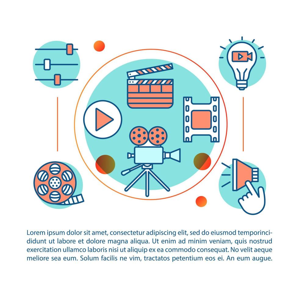 modèle vectoriel de page d'article de production vidéo. processus de fabrication de films. brochure, magazine, élément de conception de livret avec icônes linéaires et zones de texte. design d'impression. illustrations de concept avec espace de texte