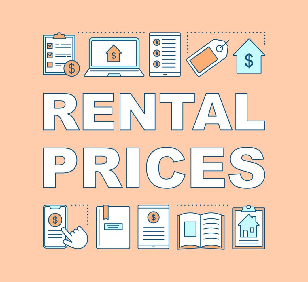 bannière de concepts de mot de prix de location. achat immobilier, vente. présentation des honoraires d'agence immobilière, site internet. idée de typographie de lettrage isolé avec des icônes linéaires. illustration de contour de vecteur