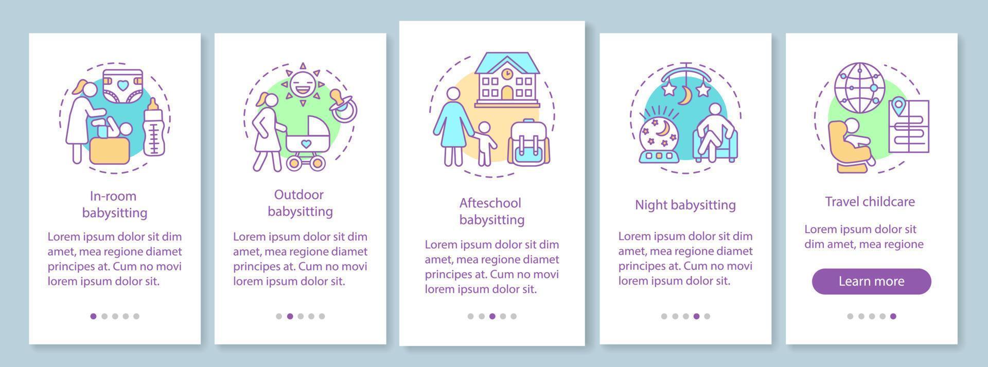 service de garde d'enfants à bord de l'écran de la page de l'application mobile avec concept linéaire. dans la chambre, à l'extérieur, après l'école, instructions graphiques pas à pas pour la garde d'enfants de nuit. modèle vectoriel ux, ui, gui avec des icônes