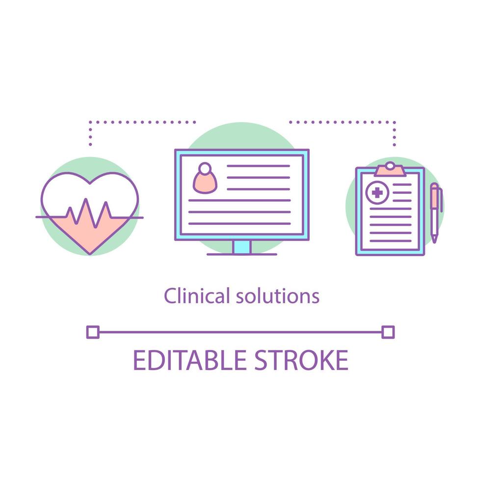 icône de concept de solution clinique. illustration de ligne mince idée de traitement médical. prescription des médecins. cardiologie. Diagnostique. soins de santé. carte de patient. dessin de contour isolé de vecteur. trait modifiable vecteur