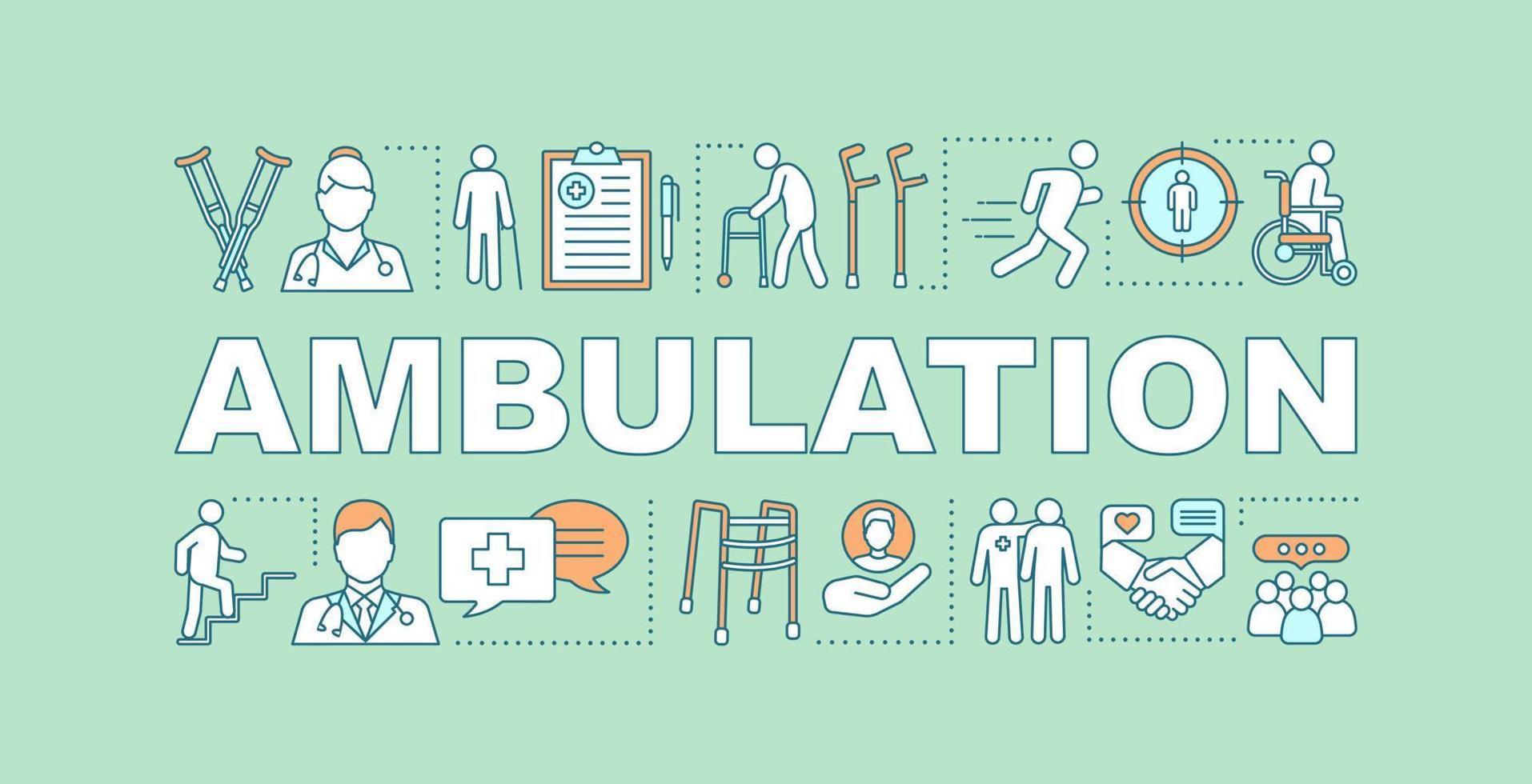 bannière de concepts de mot de déambulation. soins de santé. marcheurs, cannes. réhabilitation. traitement orthopédique. présentation, site internet. idée de typographie de lettrage isolé, icônes. illustration de contour de vecteur