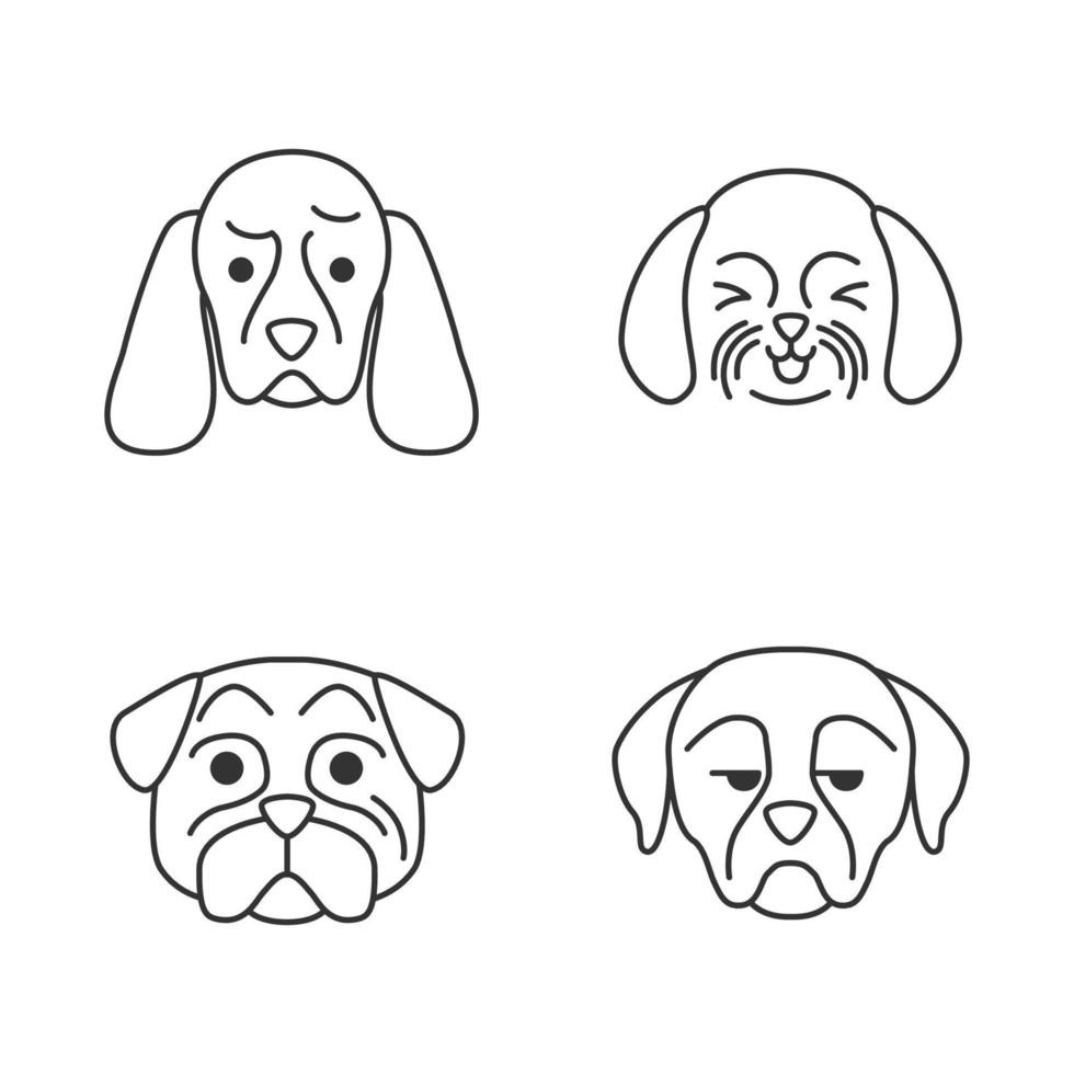 chiens mignons personnages linéaires kawaii. jeu d'icônes de fine ligne. carlin rincé. rire shih tzu. rottweiler non amusé. animaux aux museaux tristes. illustration de contour isolé de vecteur. trait modifiable vecteur