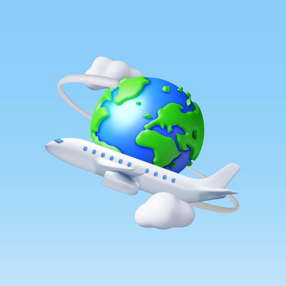3d avion dans des nuages et globe isolé. rendre monde en voyageant par avion. monde carte avec avion. temps à Voyage concept, vacances planification. touristique à l'échelle mondiale transport. vecteur illustration