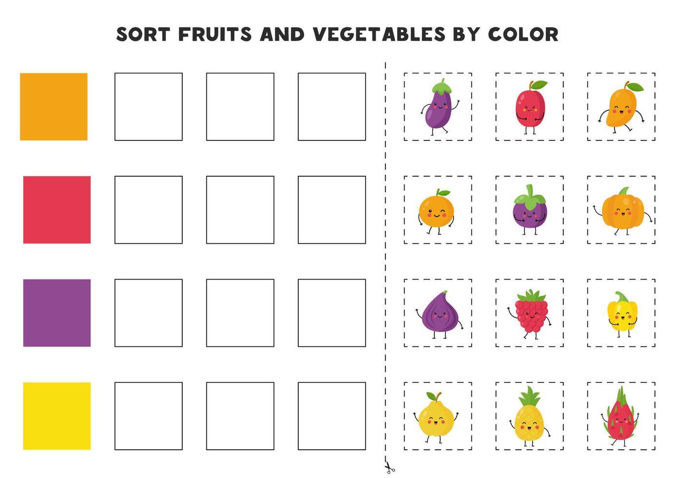 Trier des fruits et des légumes par couleur. de base couleurs pour enfants. Jeu pour enfants. Couper et colle. vecteur