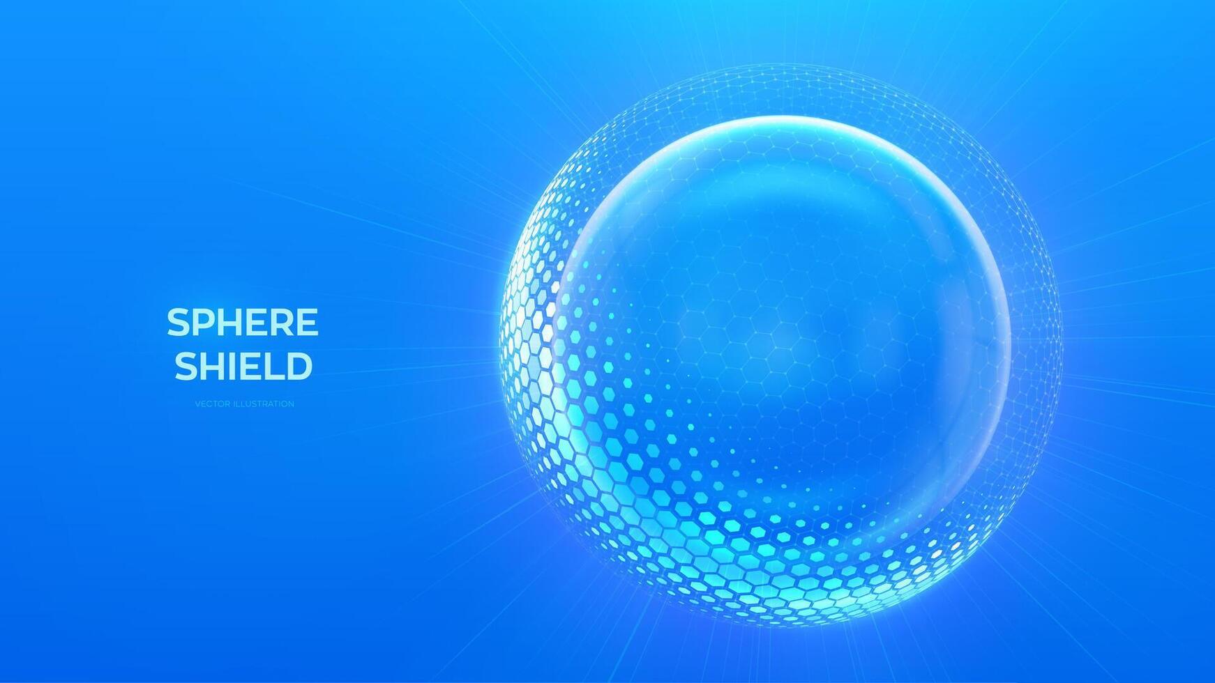 verre transparent protection sphère bouclier. sphère bouclier avec hexagone modèle sur bleu Contexte. bulle bouclier dans le forme de une Obliger énergie champ. protection et sécurité concept. vecteur illustration