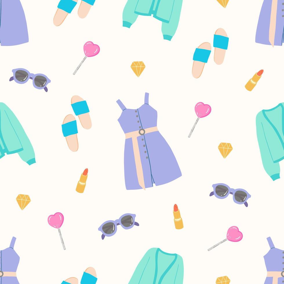 sans couture modèle avec été femmes vêtements. robe d'été, veste, des sandales, des lunettes de soleil. mignonne girly conception. main tiré vecteur illustration