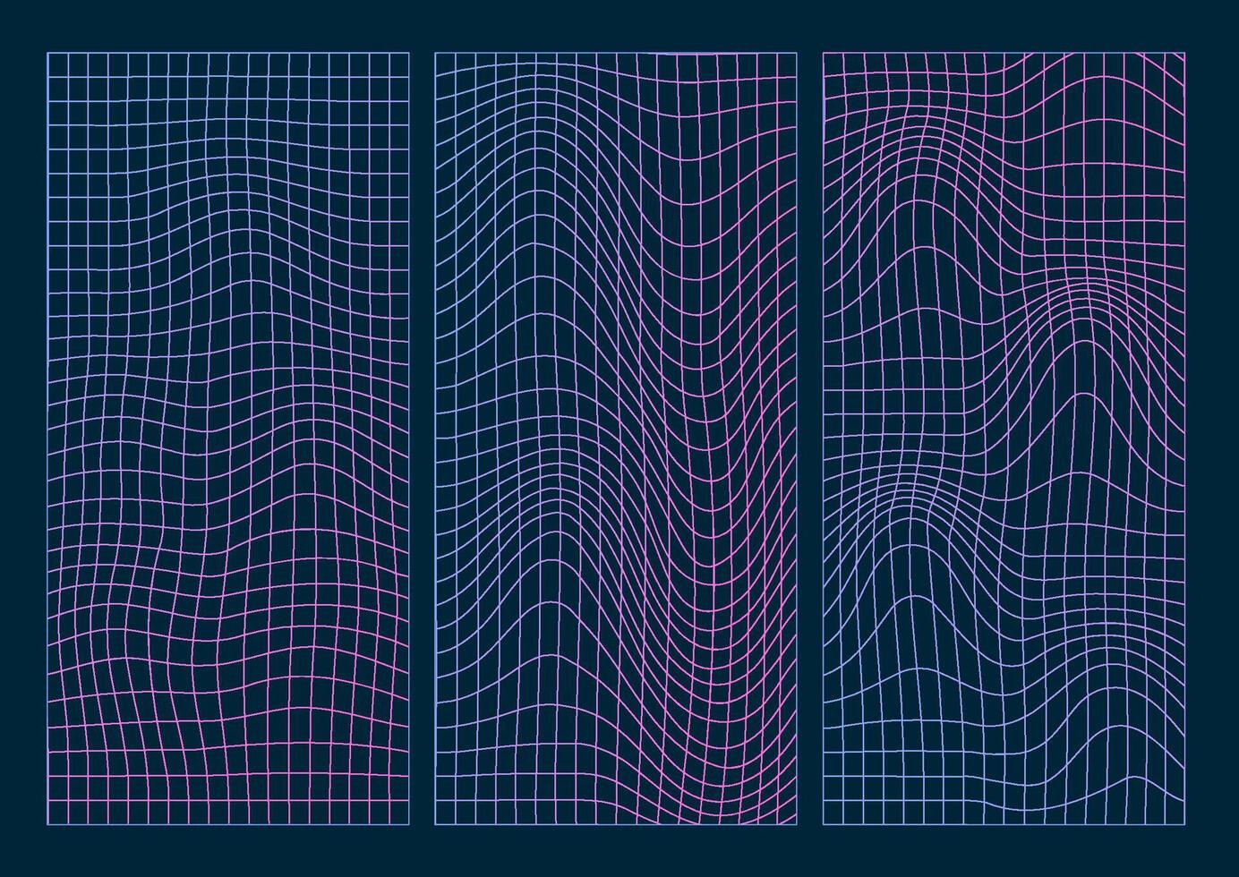 géométrie filaire mince ligne la grille arrière-plans ensemble dans néon rose et bleu couleurs. 3d abstrait affiches, motifs, cyberpunk éléments dans psychédélique délirer style. 00s y2k rétro futuriste esthétique. vecteur
