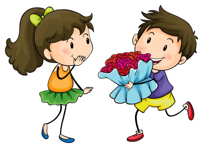 Un garçon donnant à sa copine un bouquet de fleurs vecteur
