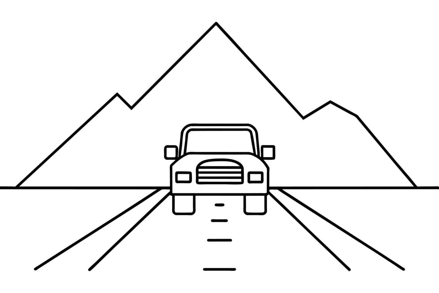 de face vue de Célibataire un camion sur route à montagne, ligne art, vecteur illustration