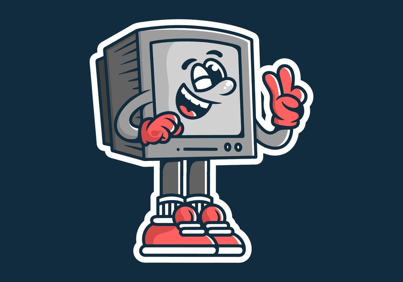 mascotte personnage de vieux moniteur permanent avec main formant une paix symbole. gris Couleur vecteur