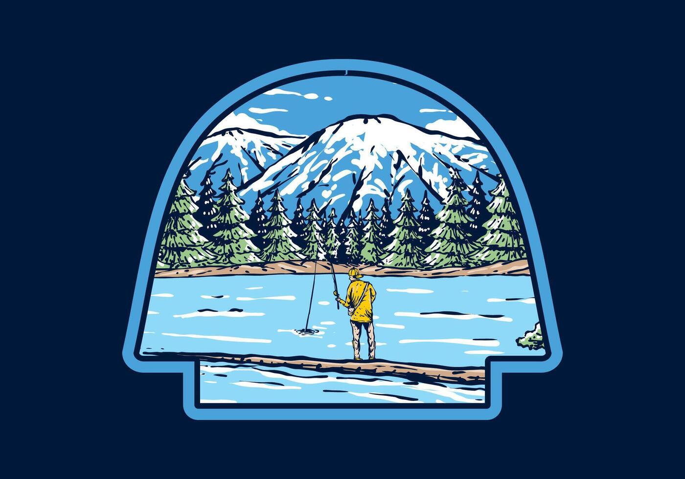 ancien illustration de une homme pêche sur le Lac avec forêt et Montagne vue vecteur